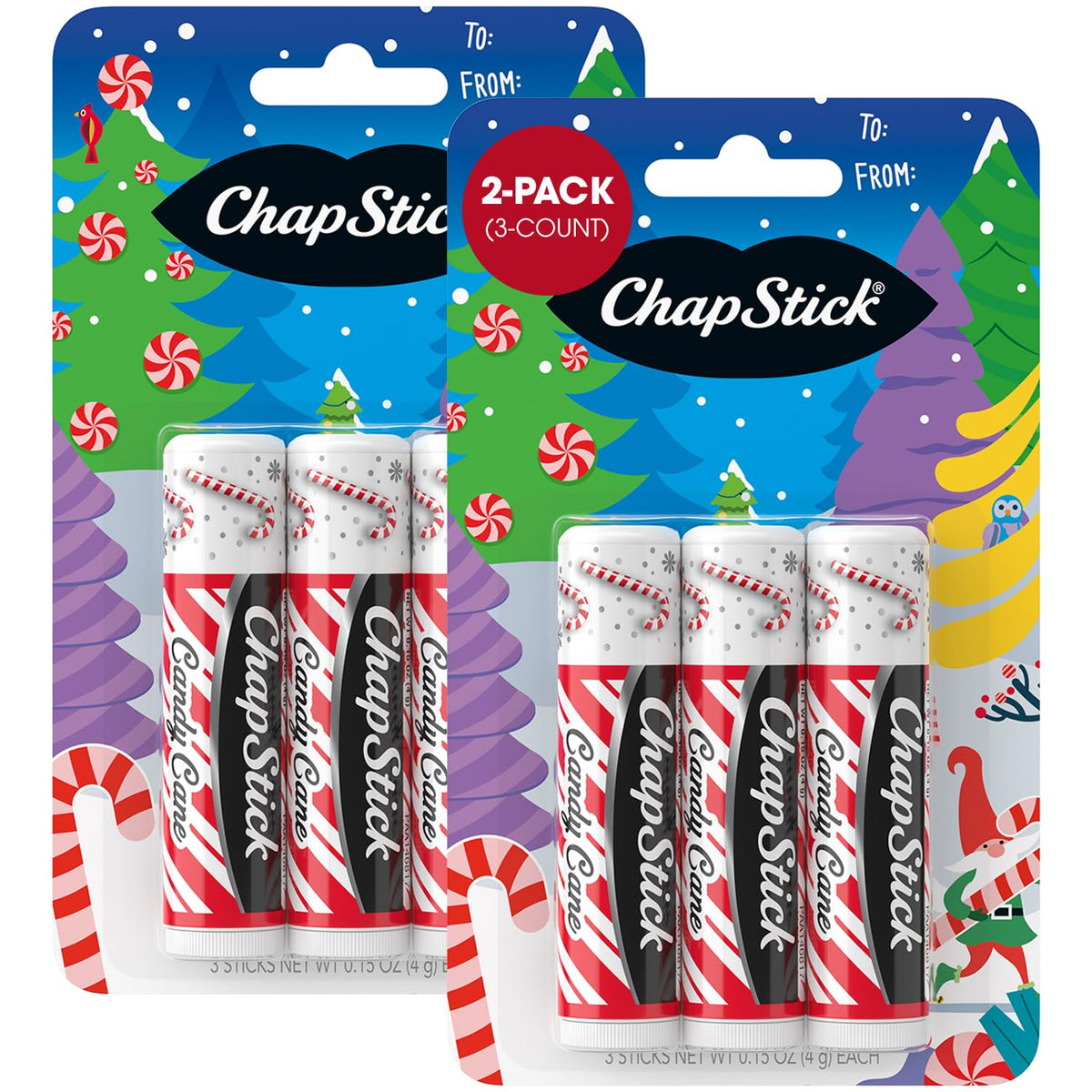 ChapStick Candy Cane front packaging showing six tubes and festive branding for convenience