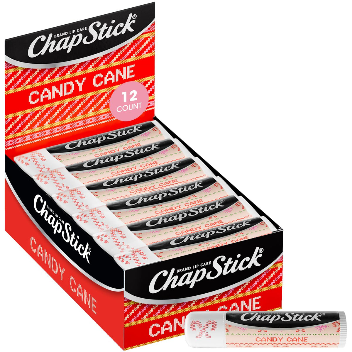 ChapStick Candy Cane front packaging showing 12-stick bulk value and fresh look
