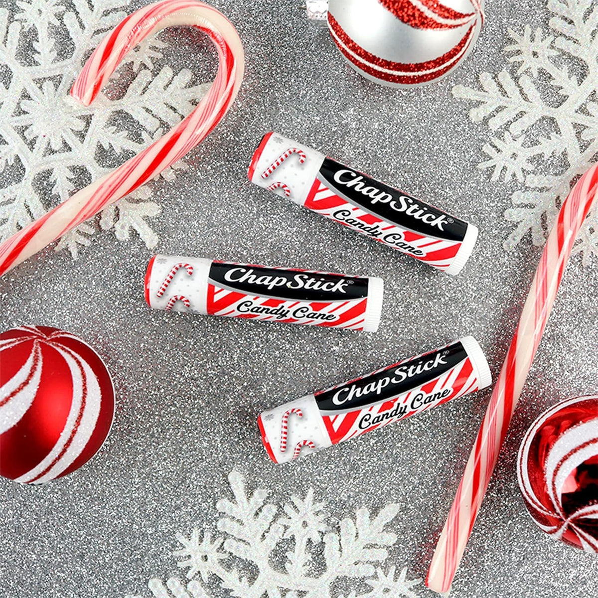 ChapStick Candy Cane label close-up showing ingredients and paraben-free benefit