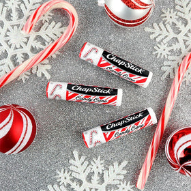 ChapStick Candy Cane label close-up showing ingredients and paraben-free benefit