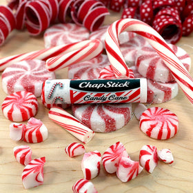 Open cap view of ChapStick Candy Cane texture illustrating creamy glide and non-greasy finish