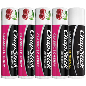 ChapStick front packaging showing five tubes with visible branding and benefit