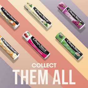 Label on ChapStick cherry tube highlighting brand and consistent formulation benefits
