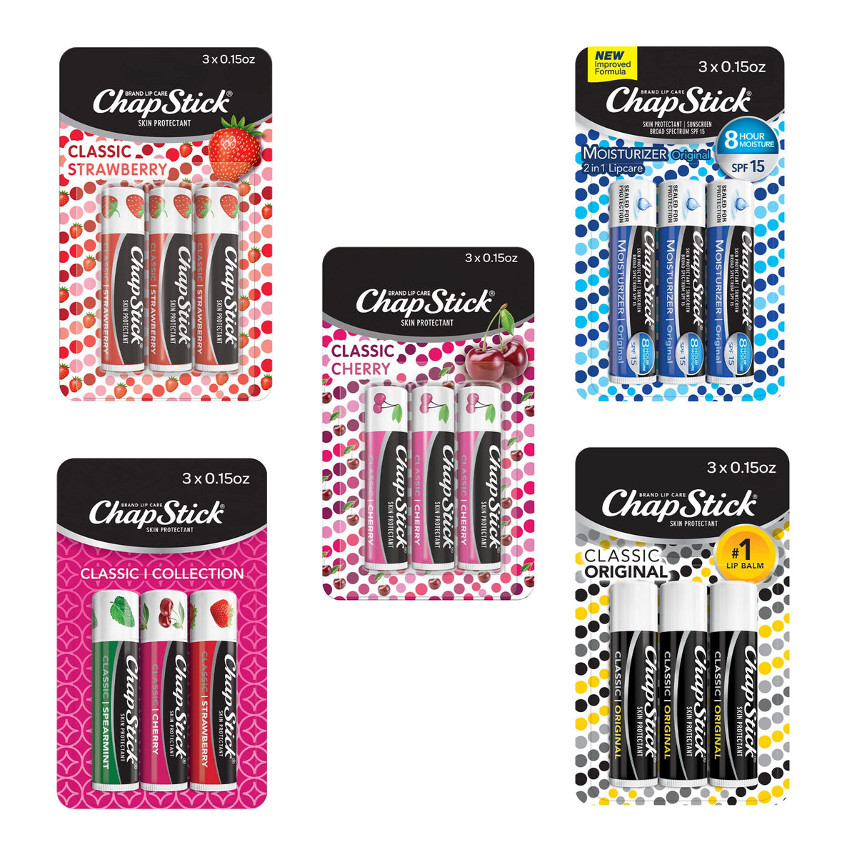 ChapStick front packaging showing five packs and variety for easy choice