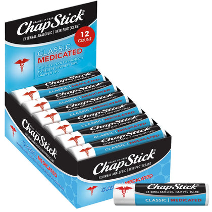 ChapStick classic medicated front packaging showing 12-count bulk convenience and brand trust
