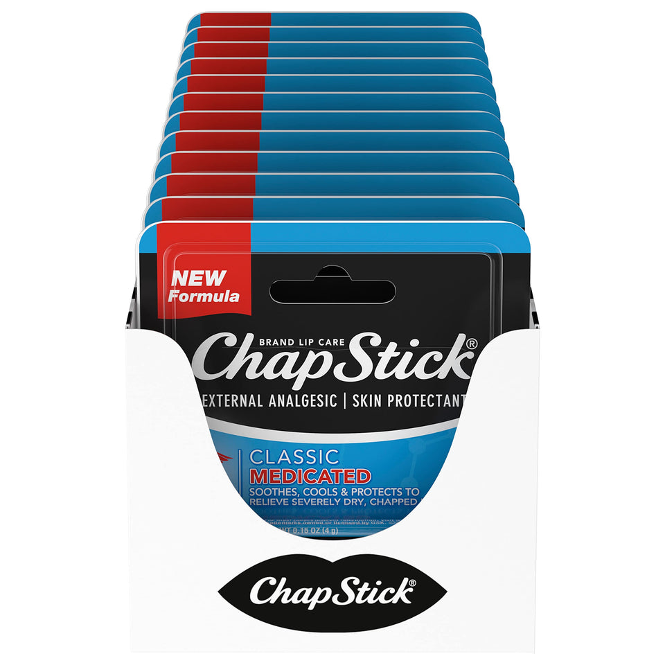 ChapStick front packaging showing 12-pack and medicated benefit