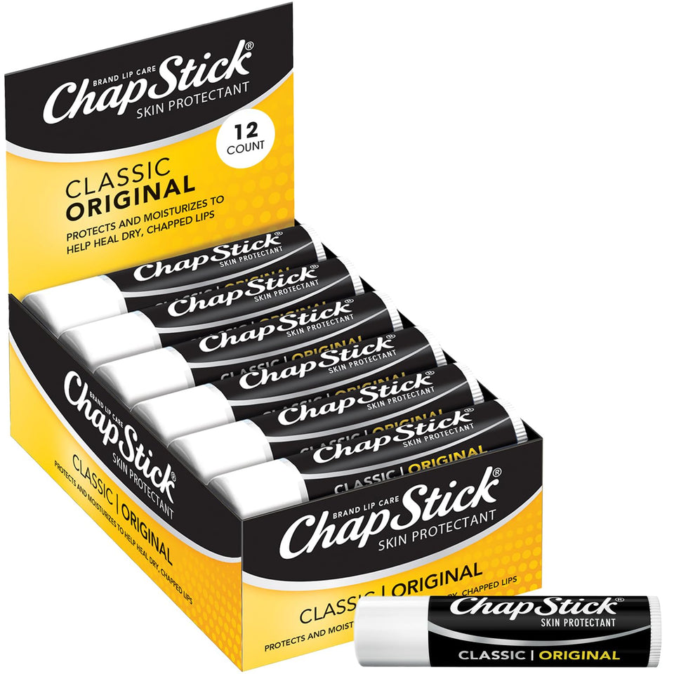 ChapStick front packaging showing 12-count supply and reliable moisture
