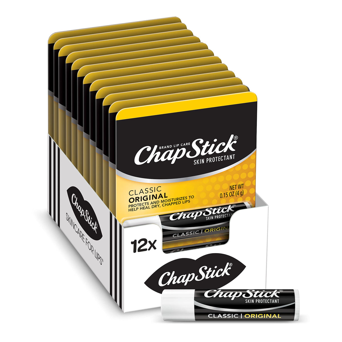 ChapStick Classic front view showing twelve original tubes and compact design for easy use