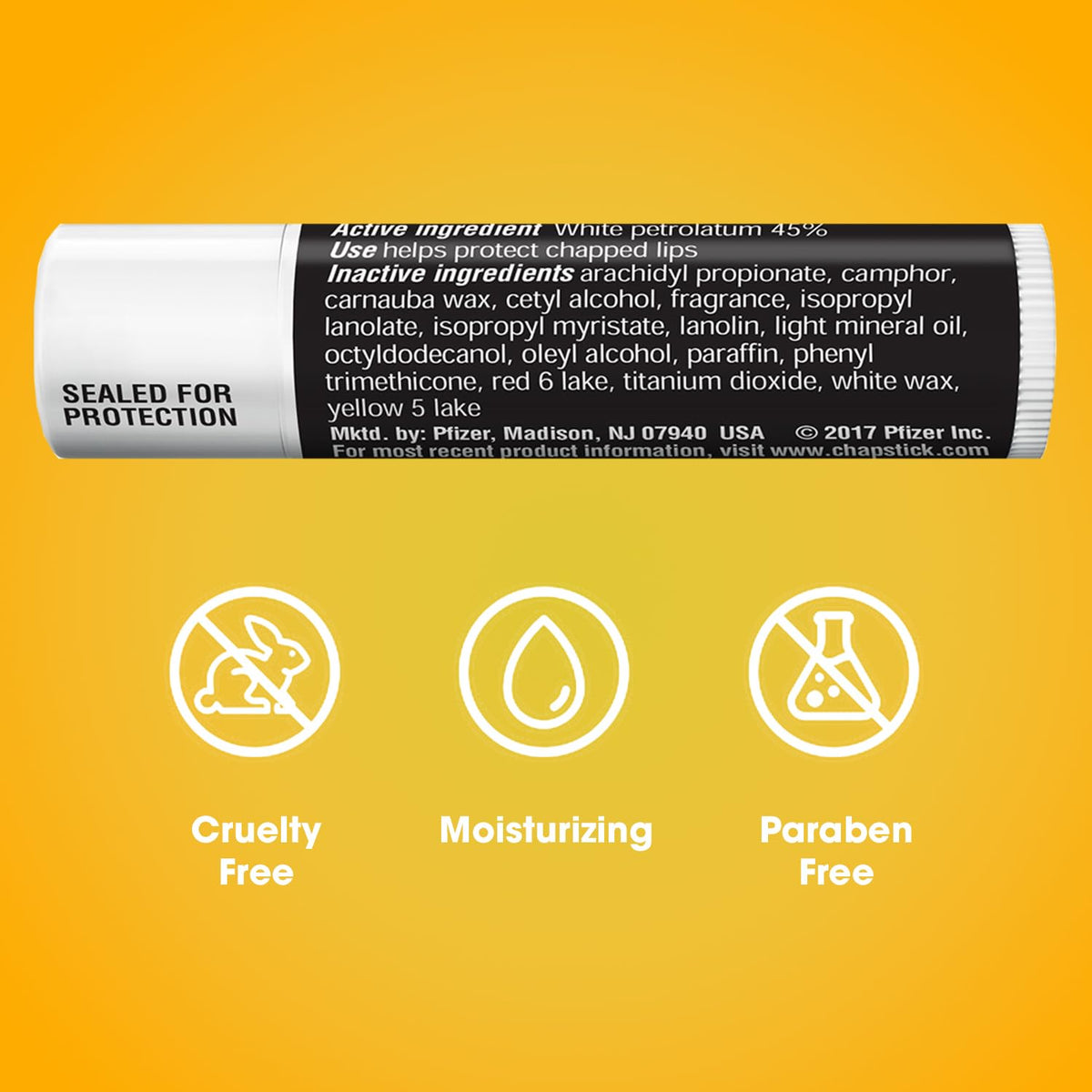 ChapStick Classic label close-up showing brand, paraben-free claim and net weight