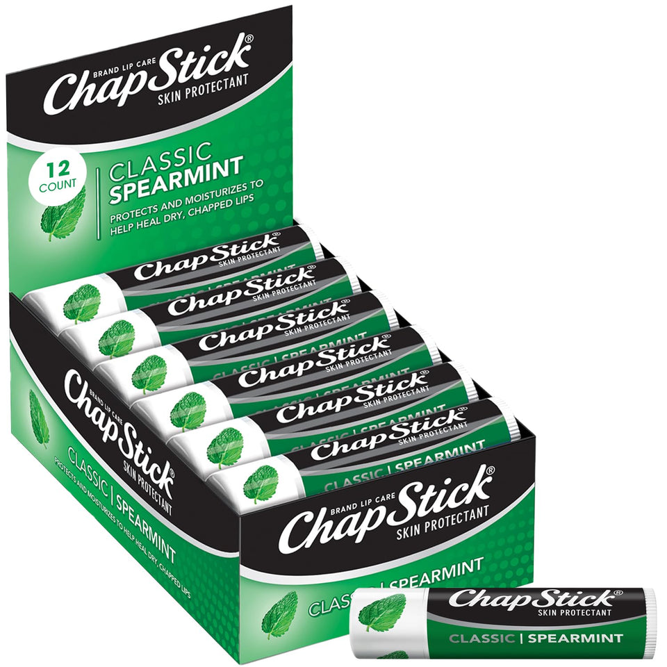 ChapStick Classic Spearmint front packaging showing 12 tubes and minty appeal