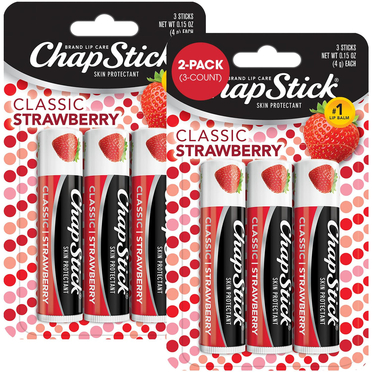 ChapStick front pack showing strawberry tint and convenient six-count supply