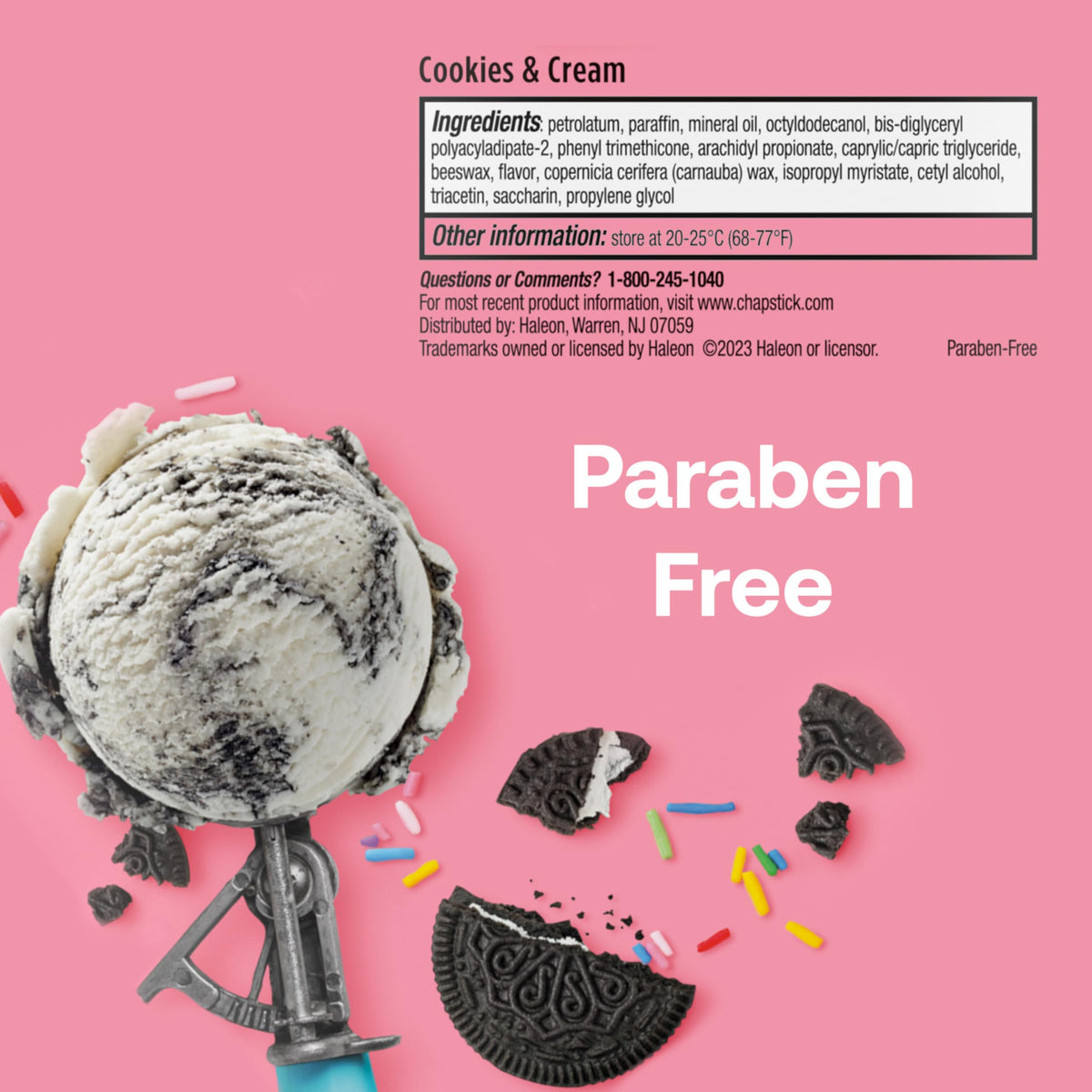 ChapStick Cookies & Cream label close-up showing brand and paraben-free benefit