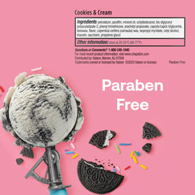 ChapStick Cookies & Cream label close-up showing brand and paraben-free benefit