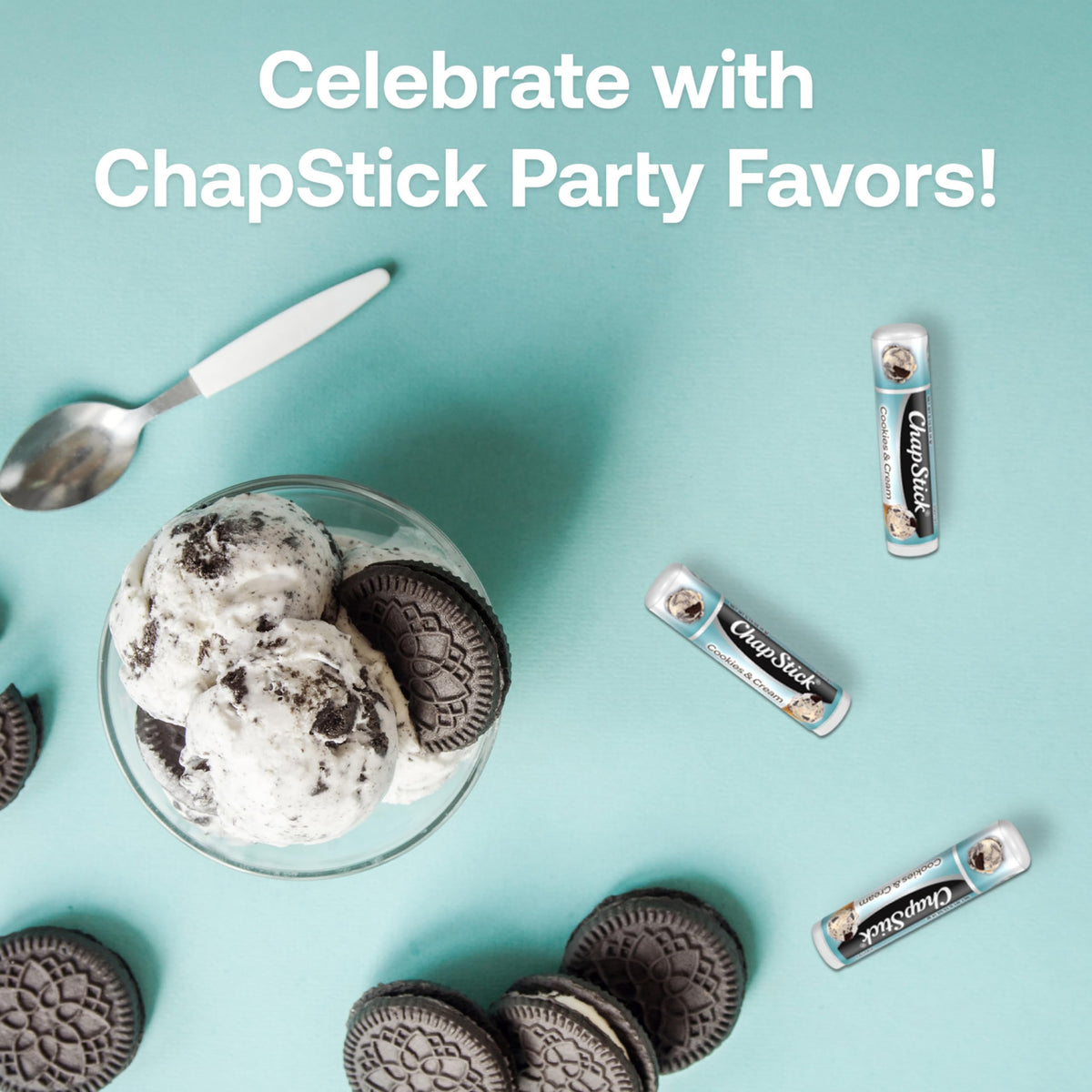 ChapStick Cookies & Cream tube held in hand demonstrating compact travel-friendly size