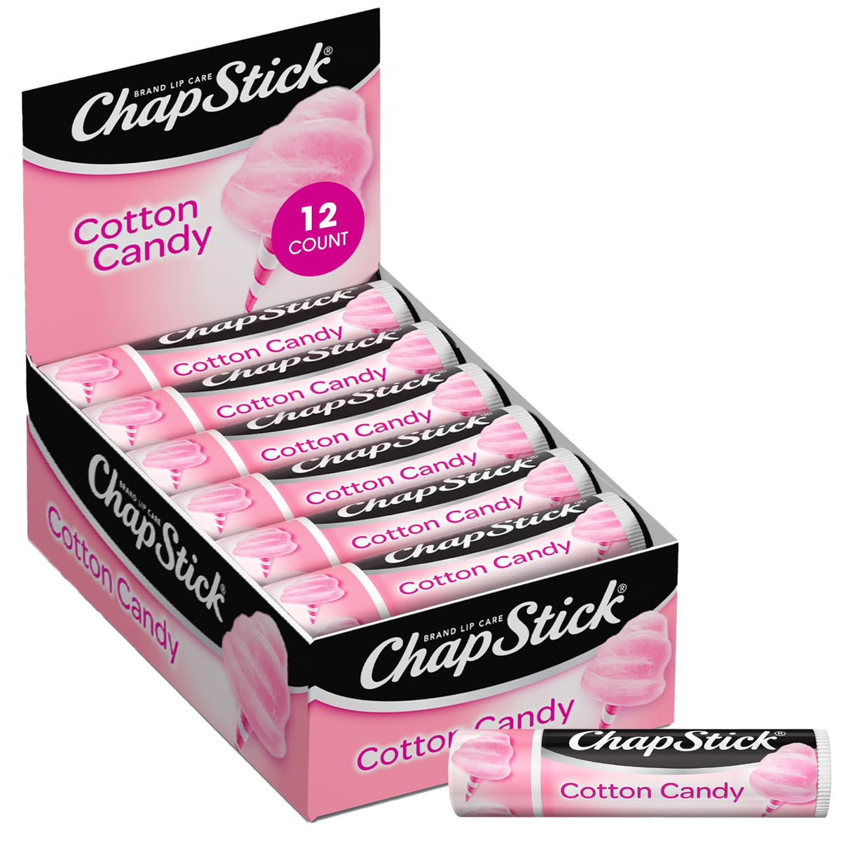 ChapStick Cotton Candy front packaging showing 12 tubes, convenient bulk supply