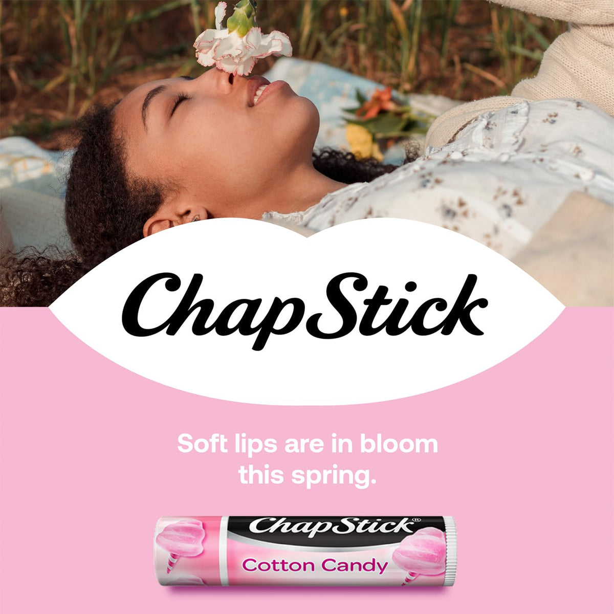 Single ChapStick Cotton Candy tube close-up showing cap and balm tip, easy application