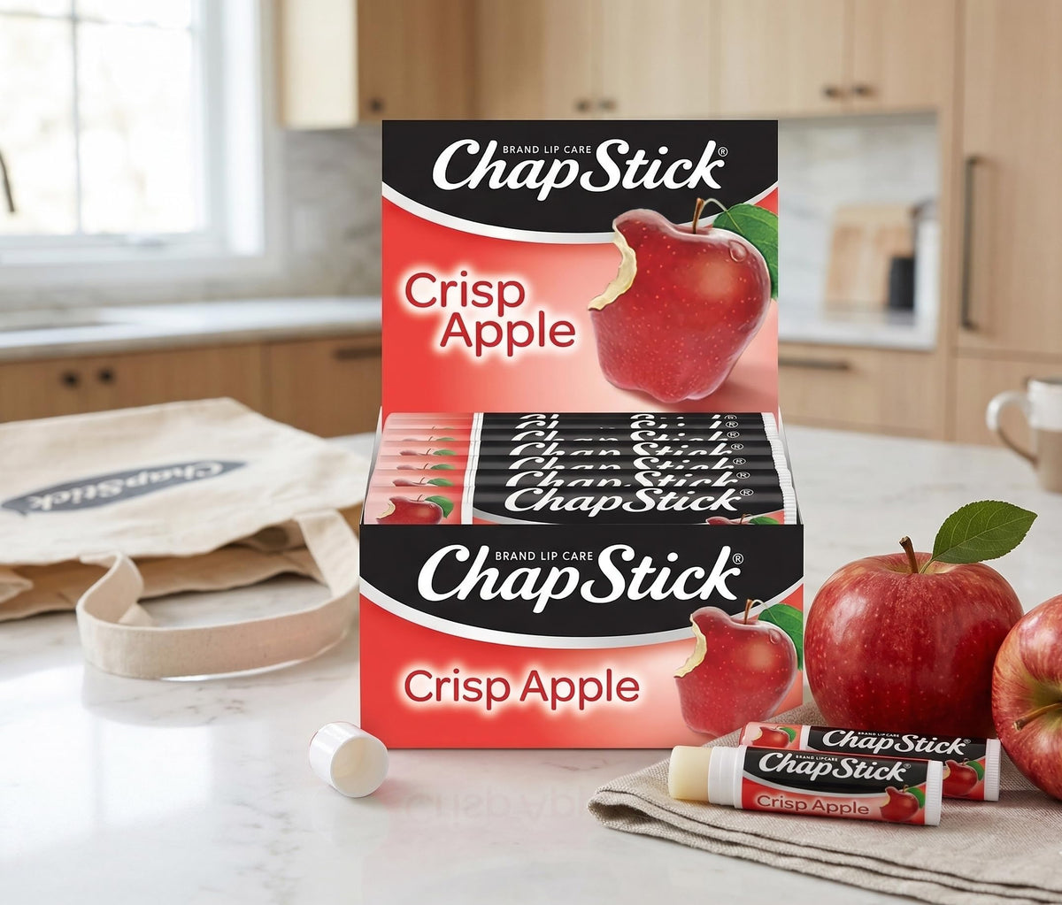 ChapStick crisp apple stick closeup texture showing smooth application benefit