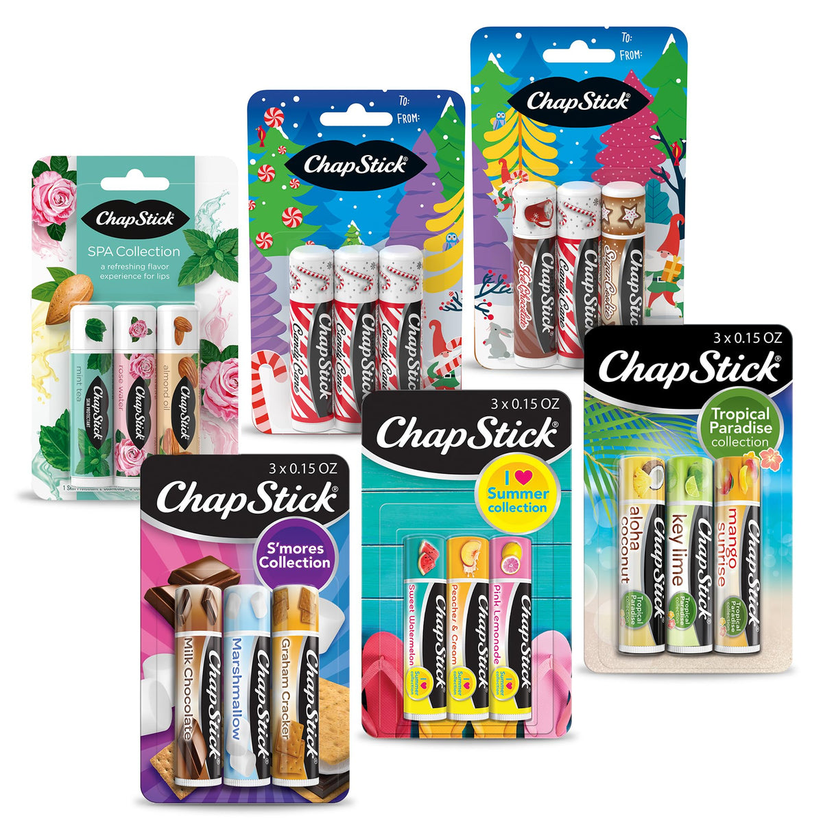 ChapStick front box packaging showing six themed 3-packs for easy gifting
