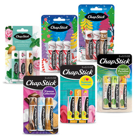 ChapStick front box packaging showing six themed 3-packs for easy gifting