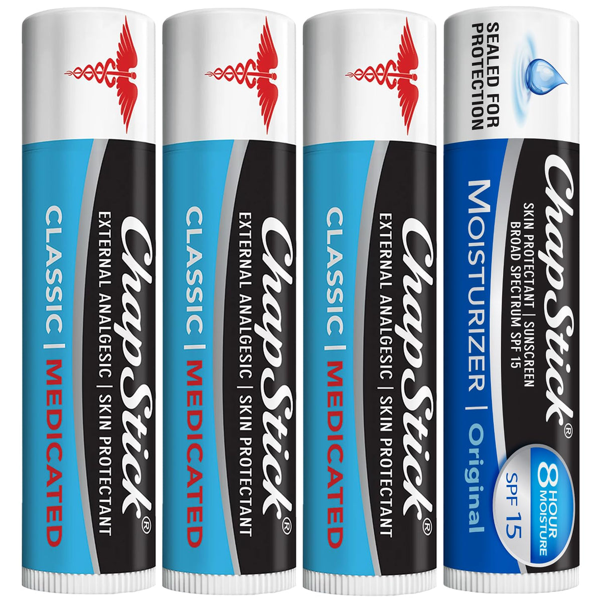 ChapStick front packaging showing the four-piece bundle and easy portability