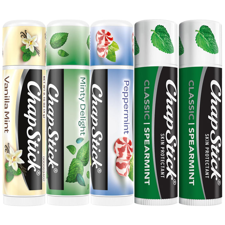 ChapStick front packaging showing Mint Favorites five-pack and easy portability