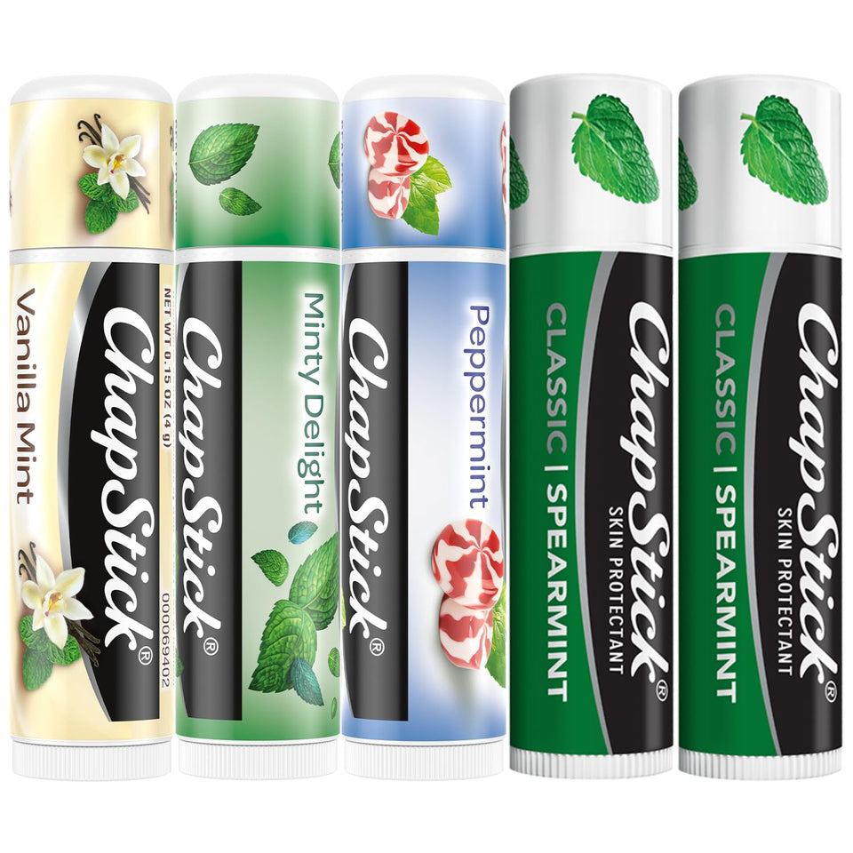 ChapStick front packaging showing Mint Favorites five-pack and easy portability