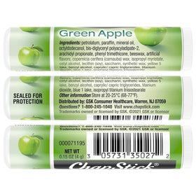 Close-up of ChapStick tube cap removed showing green apple balm tip and smooth glide