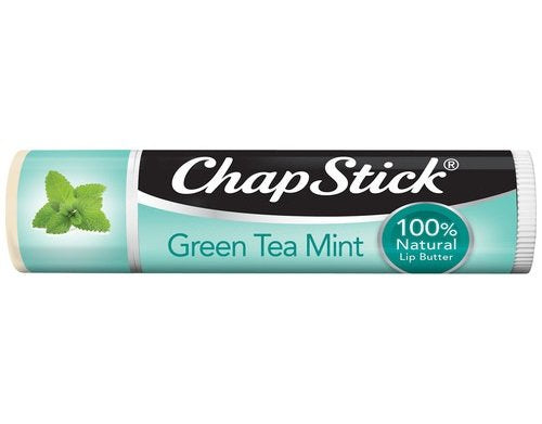 ChapStick front tube showing green tea mint label and nourishing texture benefit