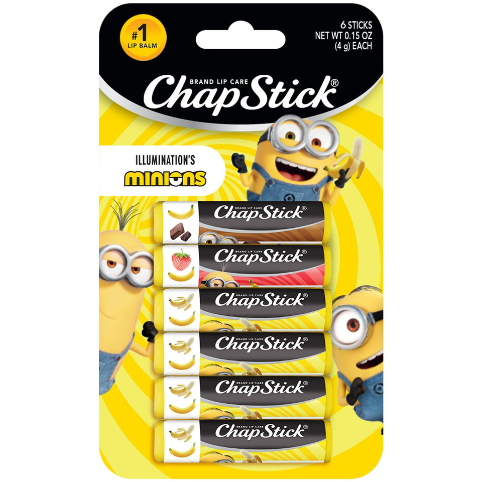 ChapStick Minions front packaging showing colorful party-ready tubes and branding benefit quick gifting