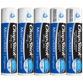 ChapStick front packaging five-pack showing tubes and SPF benefits