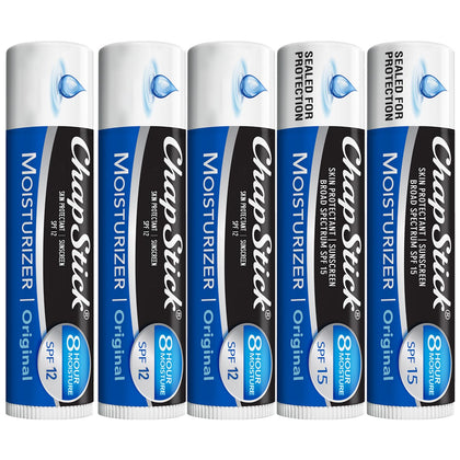 ChapStick front packaging five-pack showing tubes and SPF benefits