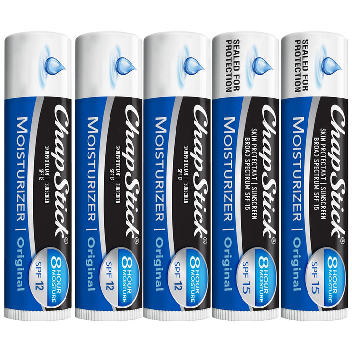 ChapStick front packaging five-pack showing tubes and SPF benefits