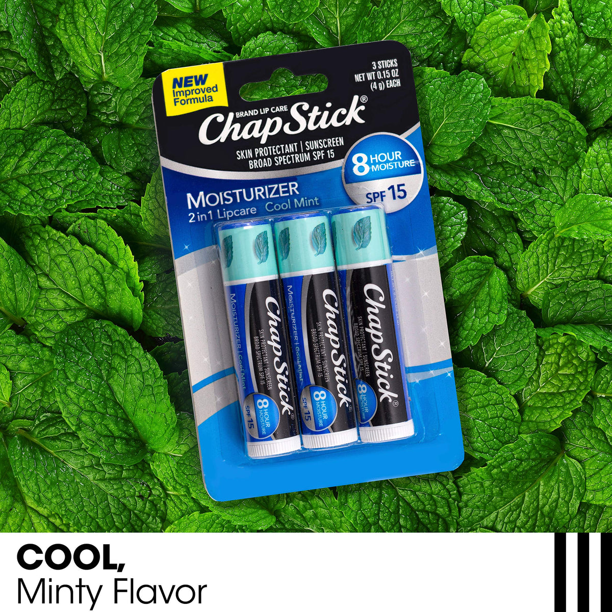 Group of ChapStick Classic Spearmint tubes showing refreshment benefit