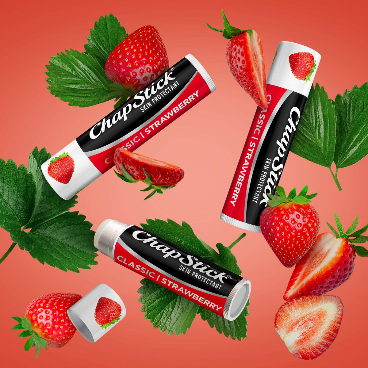 ChapStick strawberry being applied to lips for instant smoothing and comfort