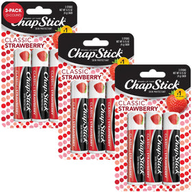 ChapStick classic strawberry front packaging showing nine sticks and branding benefit hydration