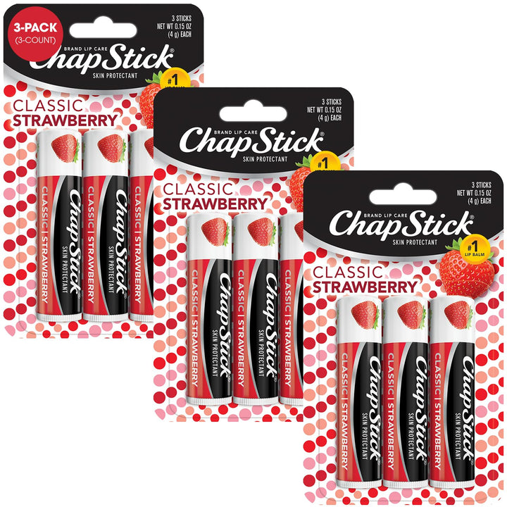 ChapStick classic strawberry front packaging showing nine sticks and branding benefit hydration