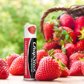 Close-up of ChapStick strawberry balm texture highlighting smooth application