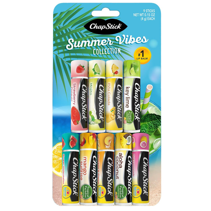 ChapStick front packaging showing nine summer flavor tubes for easy selection