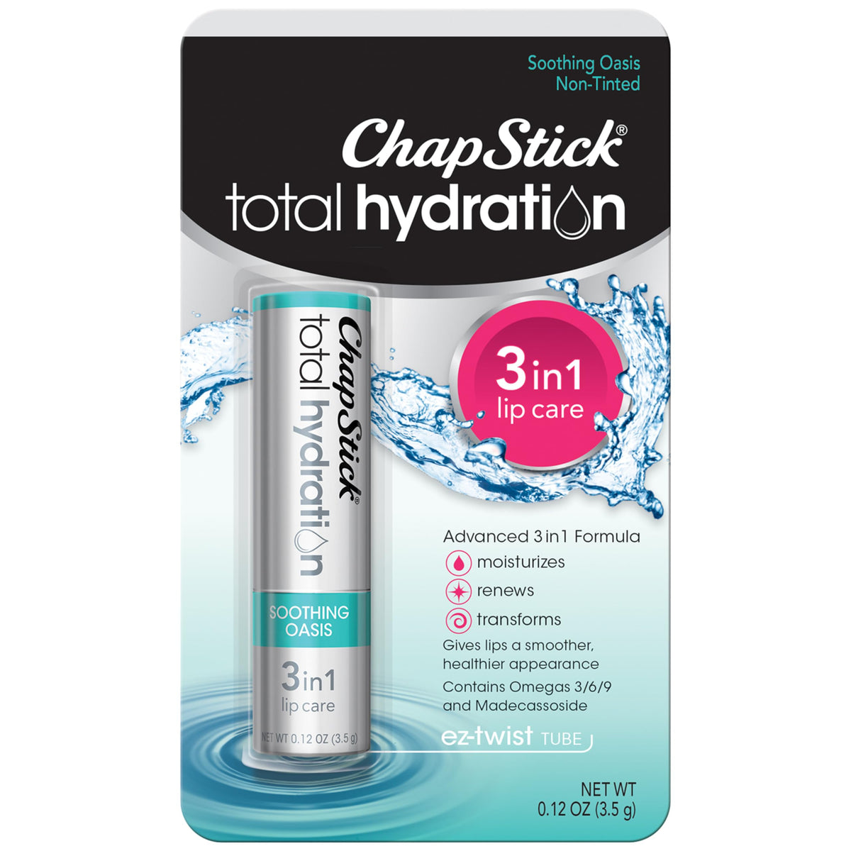 ChapStick total hydration front tube showing packaging and clear benefits