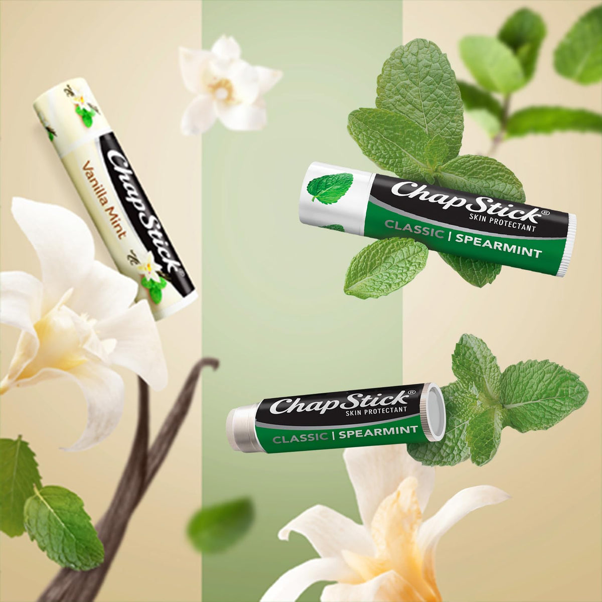 ChapStick three mint flavors arranged to show Peppermint and Vanilla Mint variety