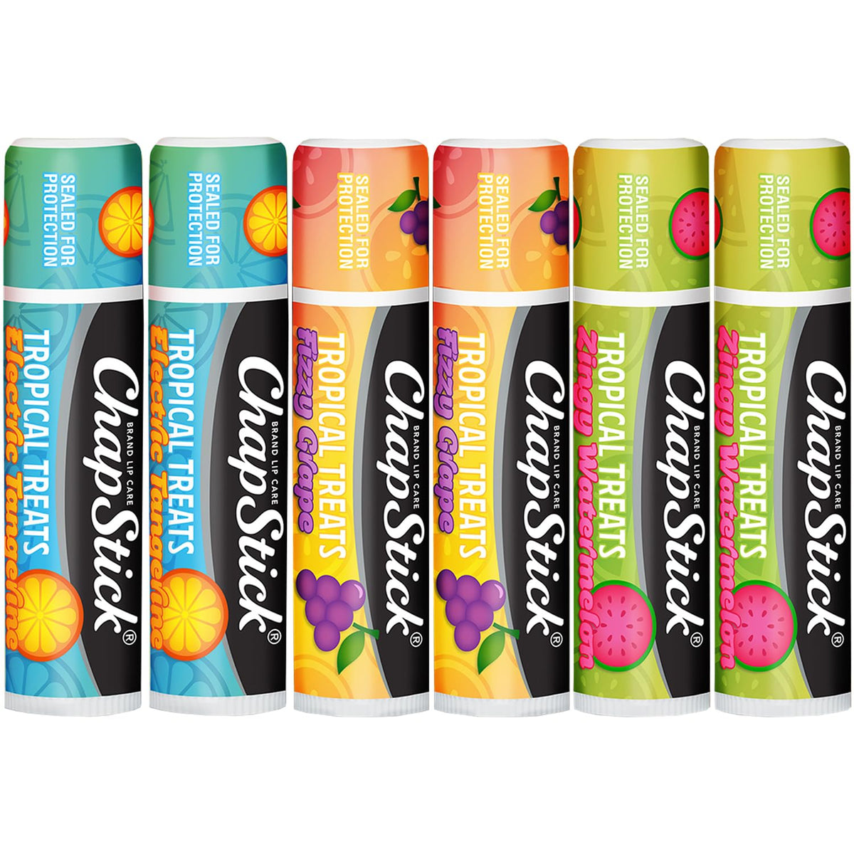 ChapStick front packaging showing Tropical Treats six-stick set and convenience