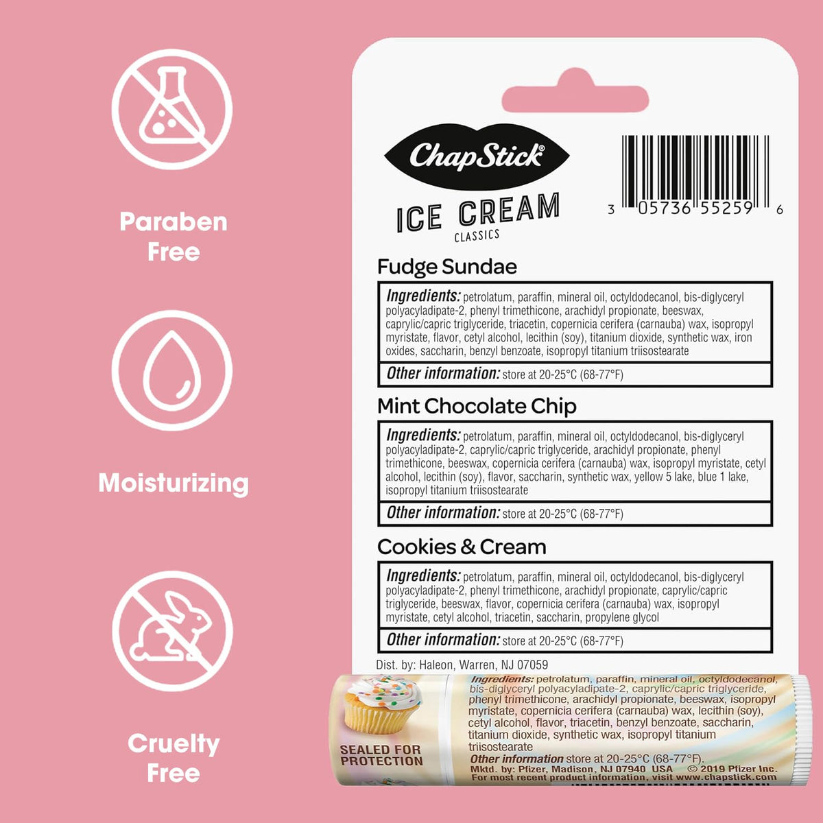 ChapStick five-flavor flatlay displaying Cake Batter and Ice Cream Classics assortment
