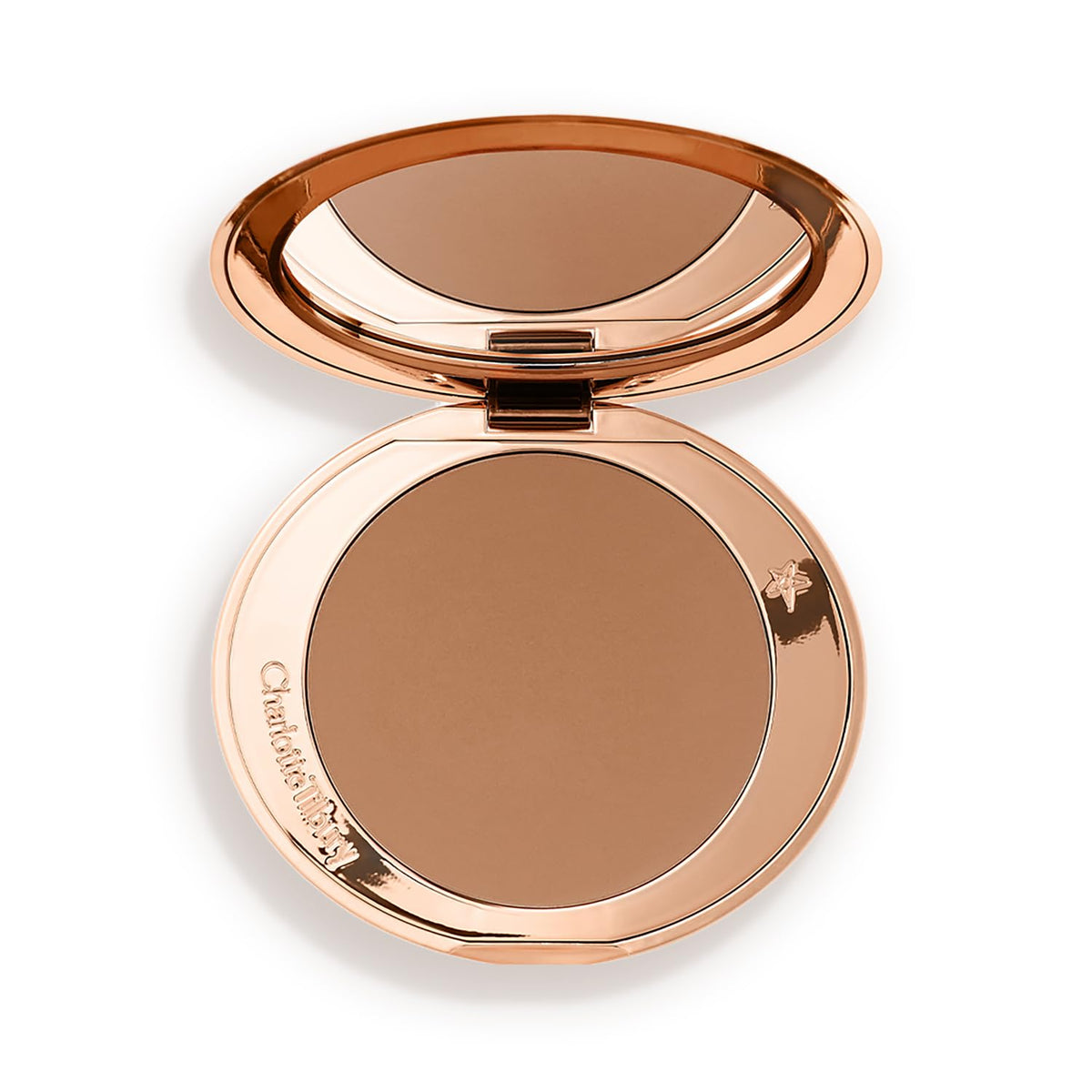 Charlotte Tilbury compact front showing sleek refillable design and travel ease