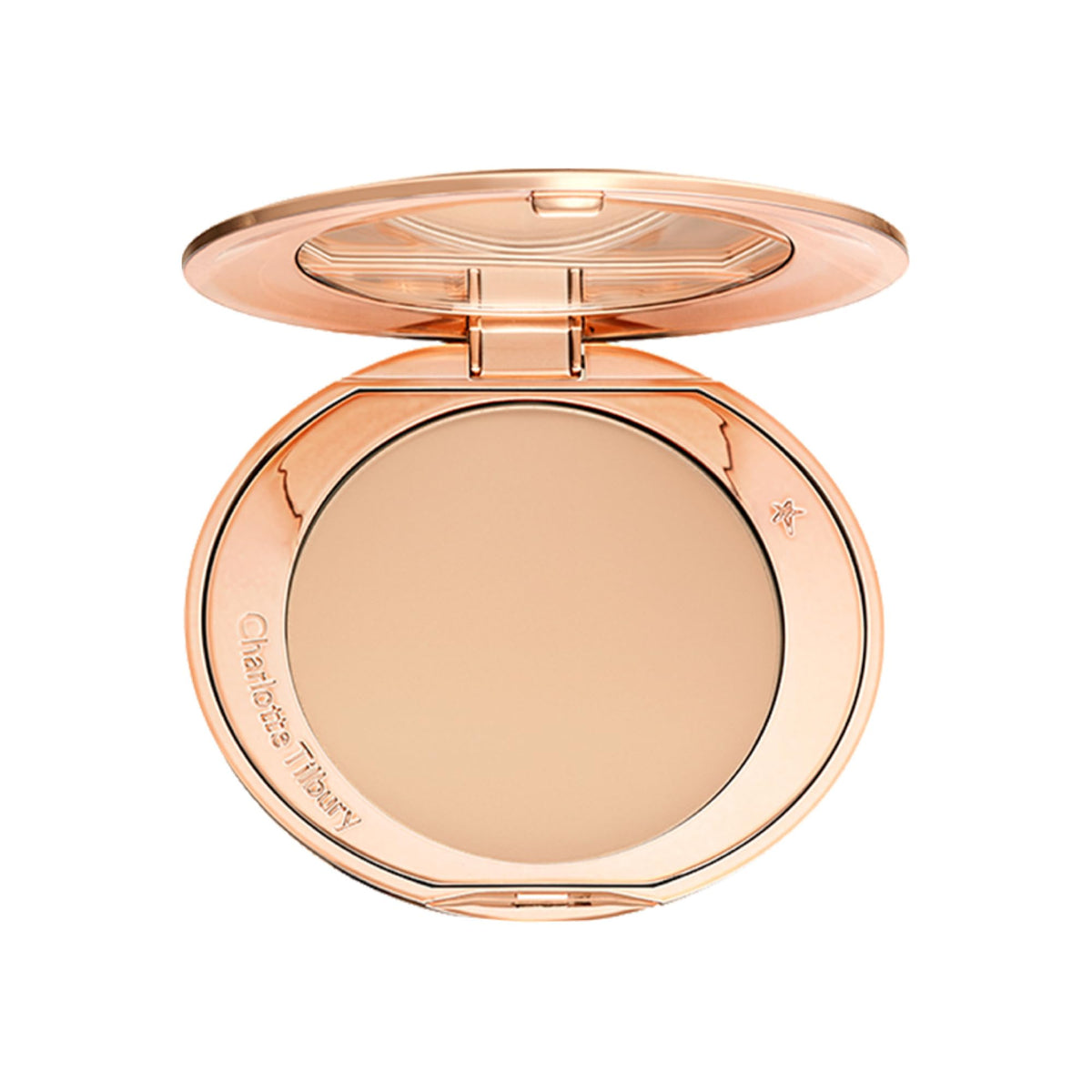 Charlotte Tilbury compact front view showing elegant packaging and portable benefit