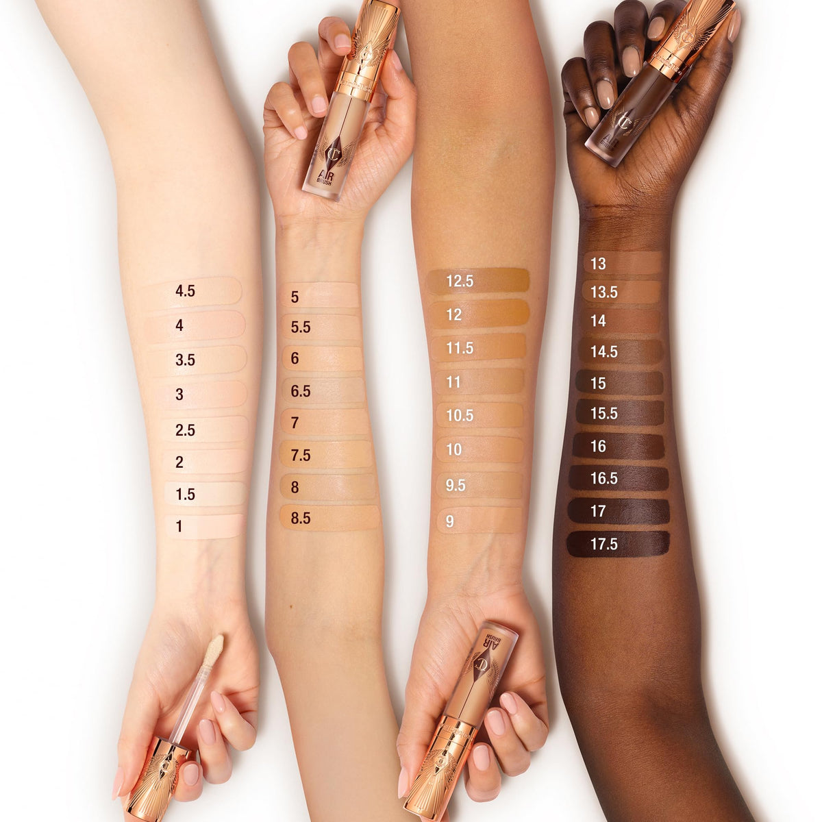 Charlotte Tilbury concealer on vanity among brushes showing real-world beauty routine benefit