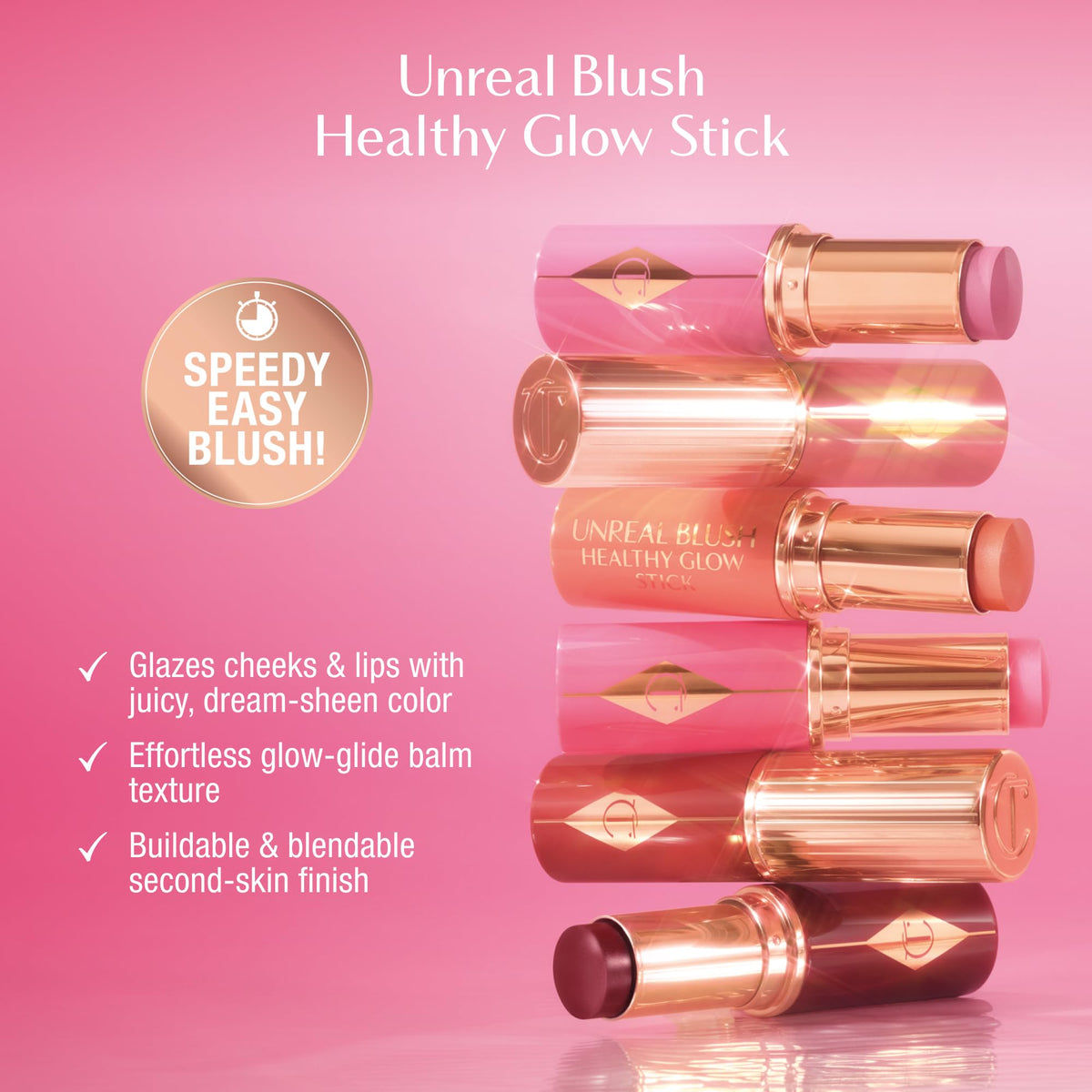 Charlotte Tilbury blush stick being blended on cheek to create healthy luminous glow