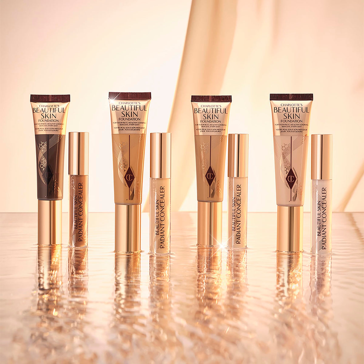 Charlotte Tilbury foundation on vanity in lifestyle scene for everyday radiance