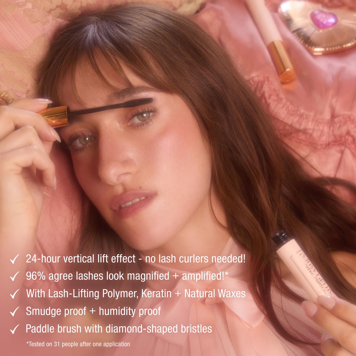 Charlotte Tilbury before and after lashes showcasing vertical lift effect