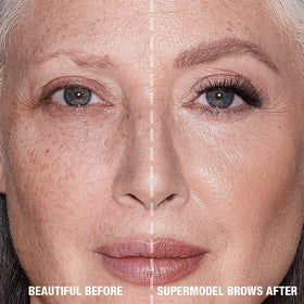 Charlotte Tilbury Brow Cheat lifestyle application at mirror showing quick everyday grooming benefit
