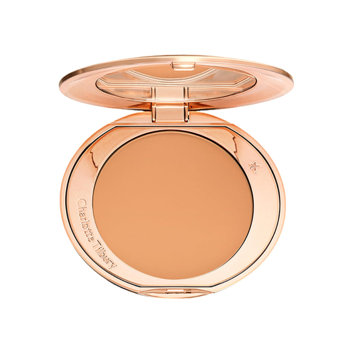 Charlotte Tilbury compact front view showing elegant packaging and easy grab benefit